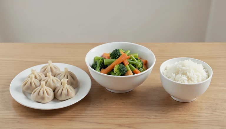 AI illustration of Illustrated shared table with closed dumplings, cooked vegetables and rice.