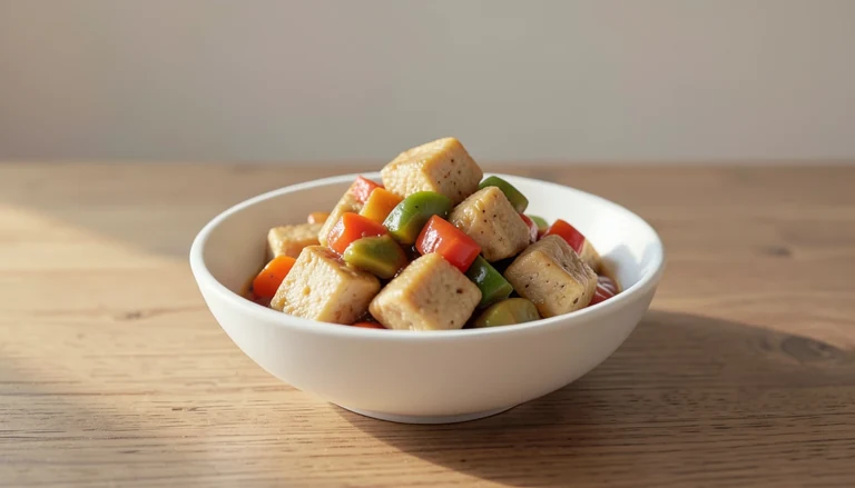 AI illustration of Illustration of cooked tofu and vegetables in a white bowl.