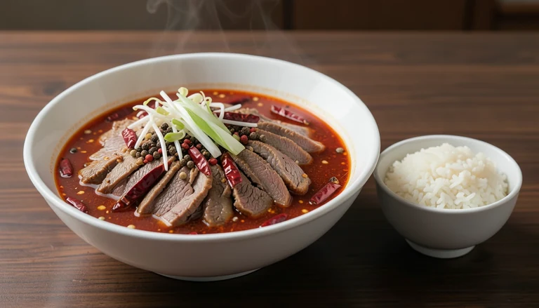 AI illustration of sliced beef in a red chili oil broth with dried chilies and scallion