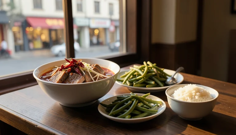 AI illustration of An imagined Chinese dinner table at dusk: a bamboo steamer of pleated dumplings, a bowl of noodles in chili oil, sliced roast duck, tea and chopsticks on a dark wood table beside a warm window.
