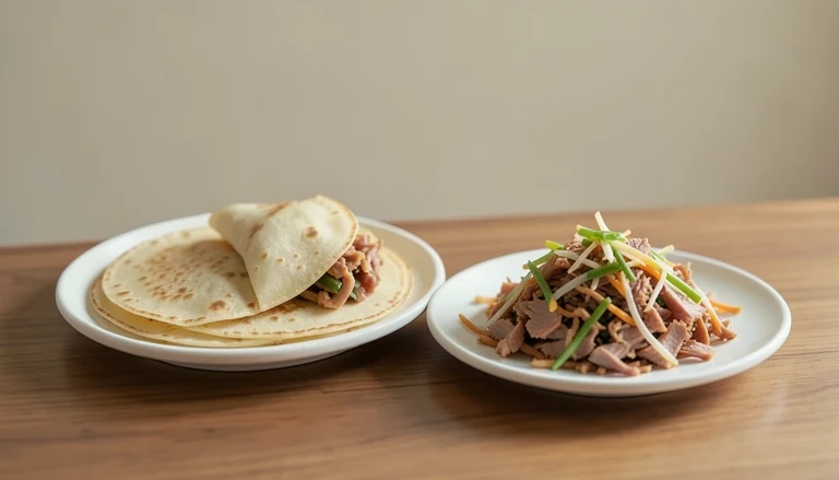 AI illustration of thin pancakes with cooked shredded pork and vegetables