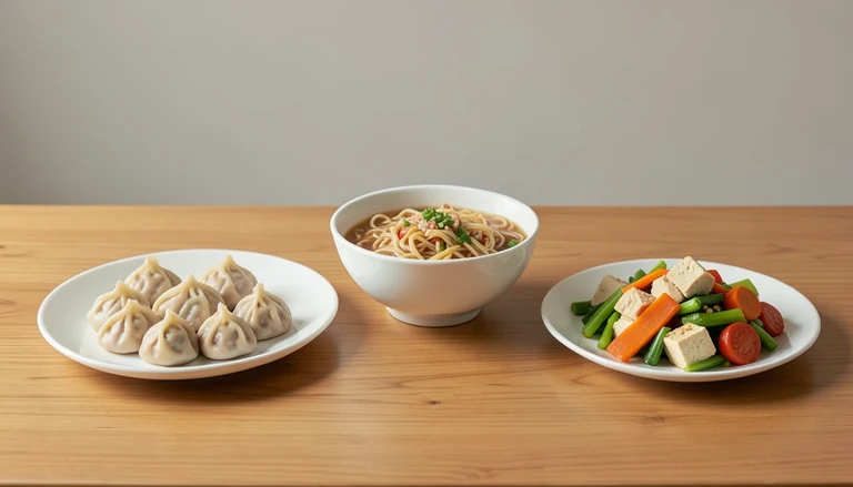 AI illustration of Illustration of dumplings, noodles and cooked tofu with vegetables.