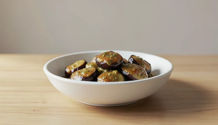 AI illustration of Generic editorial illustration of cooked eggplant with garlic sauce.