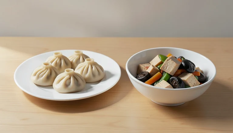 AI illustration of Generic editorial illustration of cooked dumplings, tofu and vegetables in separate dishes.