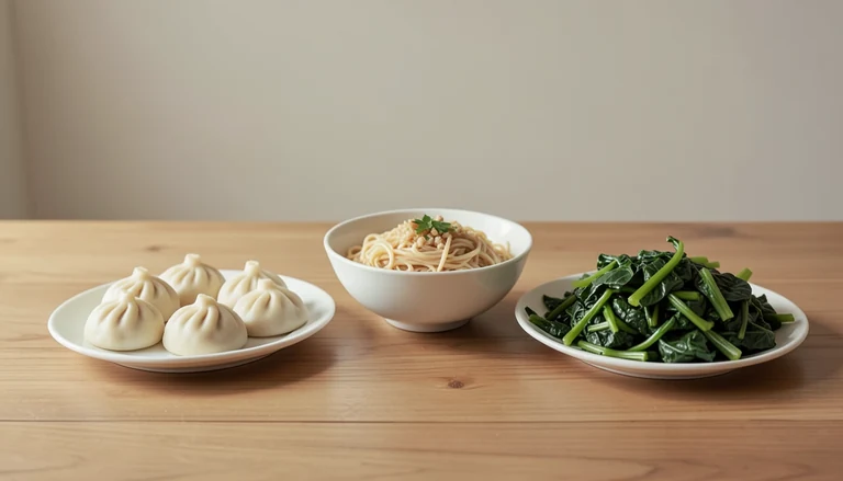 AI illustration of Illustration of a shared table with closed dumplings, noodles and cooked greens.
