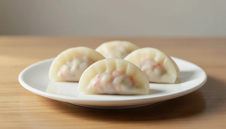 AI illustration of closed translucent crescent shrimp dumplings on a plain plate