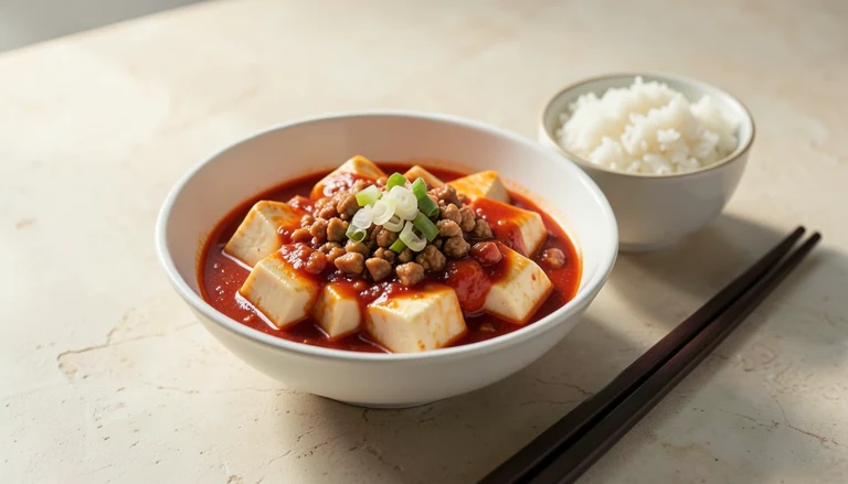 AI illustration of soft tofu in red chili sauce with minced pork and scallion