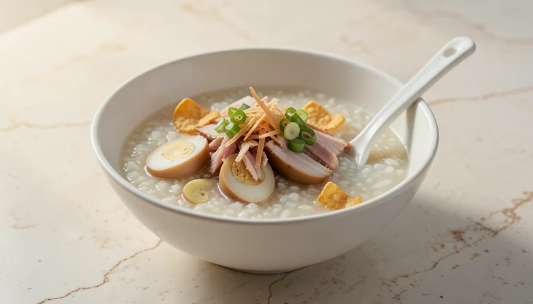 AI illustration of a bowl of rice congee with egg, pork, ginger and scallion