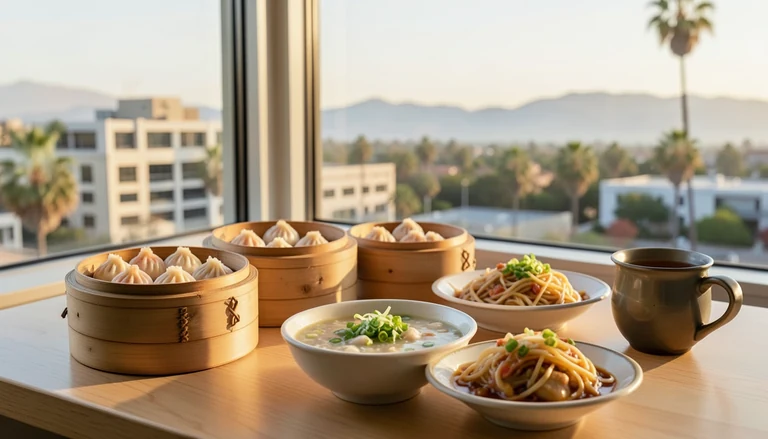 AI illustration of An imagined shared Chinese table in warm evening light: bamboo steamers of shrimp dumplings and soup dumplings, a bowl of congee, noodles in red chili oil, a small hot pot with vegetables and a pot of tea, with no restaurant signage.