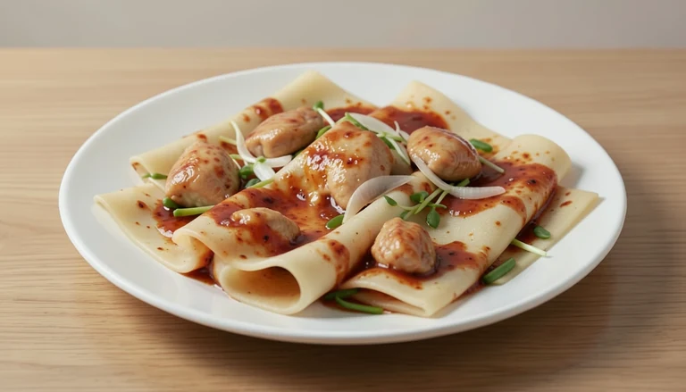AI illustration of Illustration of wide flat cooked rice noodles with chicken.