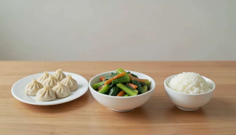 AI illustration of Illustrated shared table with closed dumplings, cooked vegetables and rice.