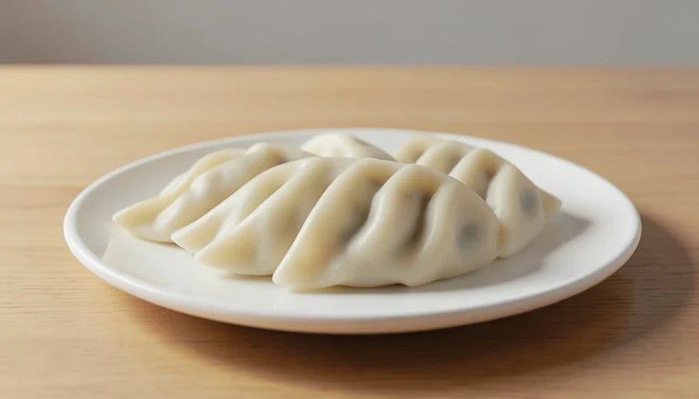AI illustration of Generic illustration of closed cooked crystal shrimp dumplings on a plain plate.