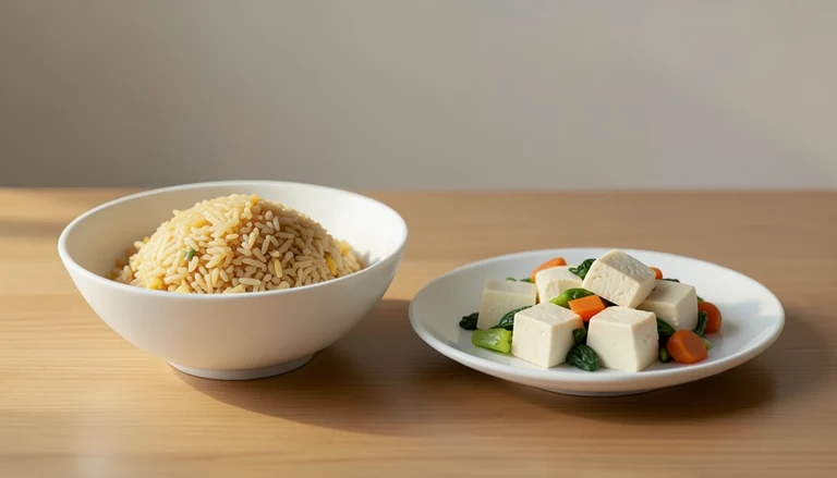 AI illustration of Generic illustration of cooked fried rice and steamed tofu with mixed vegetables in two dishes.