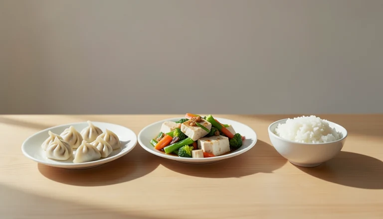 AI illustration of Illustration of a shared meal with closed dumplings, tofu and vegetables, and rice.