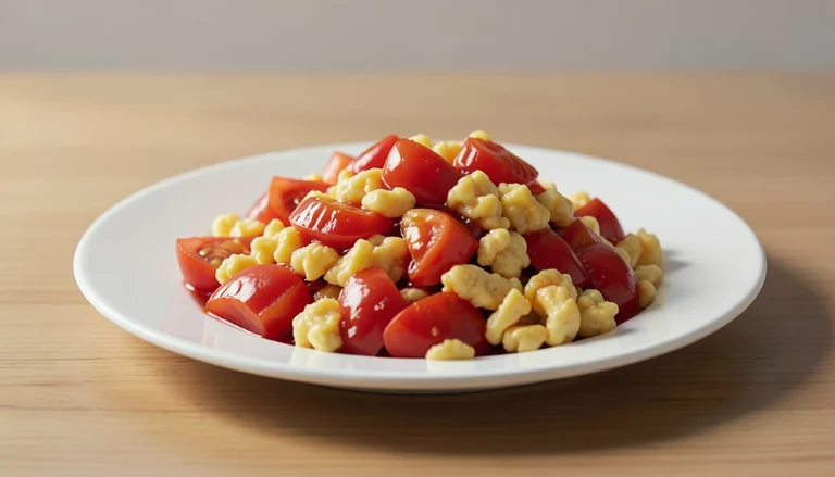 AI illustration of cooked tomato pieces with scrambled eggs