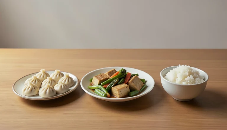 AI illustration of Illustration of a shared meal with closed dumplings, tofu and vegetables, and rice.