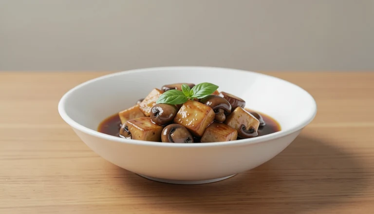 AI illustration of tofu and mushrooms coated with glossy sauce