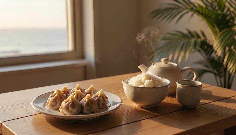 AI illustration of An imagined shared Chinese table: a plate of dumplings, a bowl of rice and a pot of tea in warm evening light, with no restaurant signage.