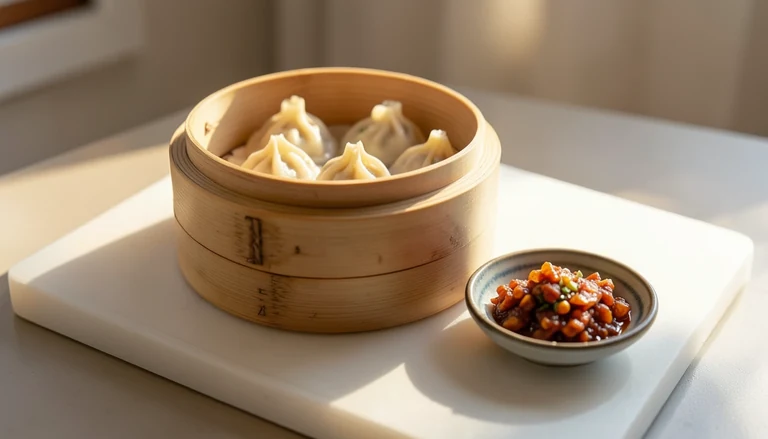 AI illustration of a bamboo steamer of steamed dumplings