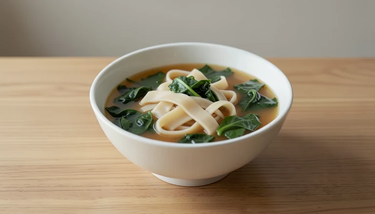 AI illustration of flat wheat noodles and leafy greens in a soup bowl