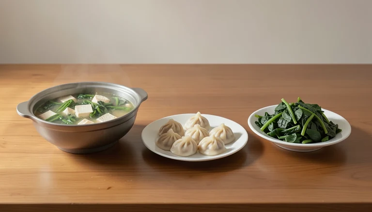 AI illustration of Illustration of a shared table with a hot-soup pot, steamed dumplings and leafy greens.