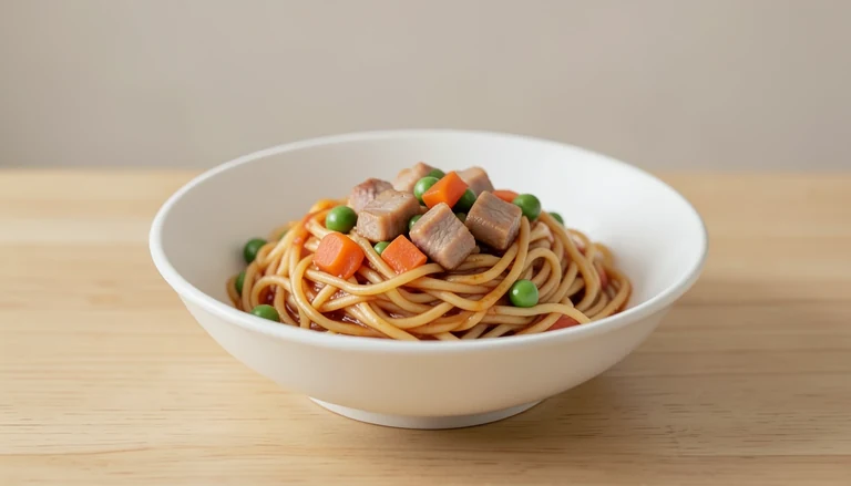 AI illustration of Generic illustration of cooked Peking-style pork noodles.