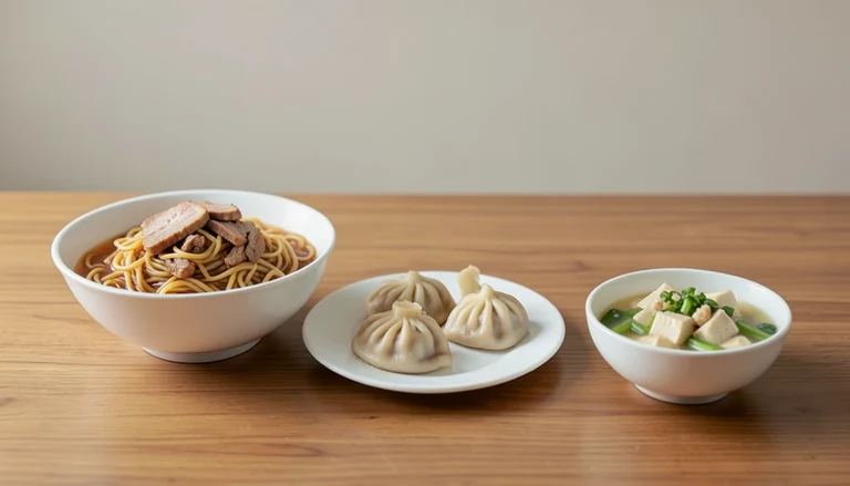 AI illustration of Generic illustration of cooked Peking-style noodles, pork dumplings and tofu.