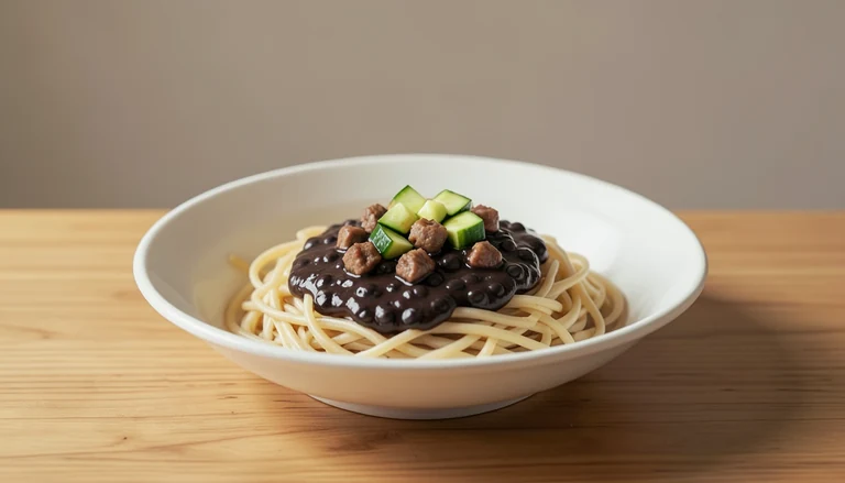 AI illustration of wheat noodles with a dark sauce and cooked vegetable pieces