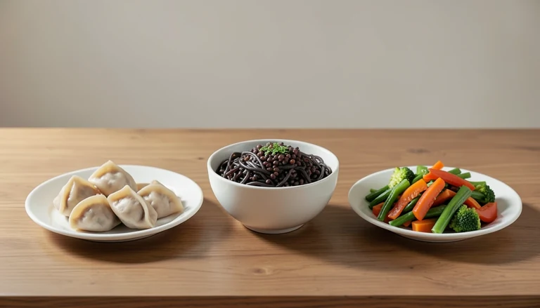 AI illustration of Illustration of dumplings, dark-sauce noodles and cooked vegetables.