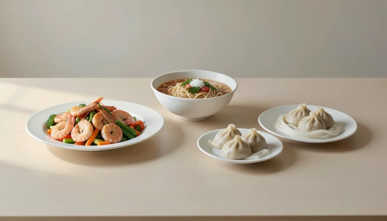 AI illustration of Illustrated shared table with steamed dumplings, a seafood platter, noodles and vegetables.