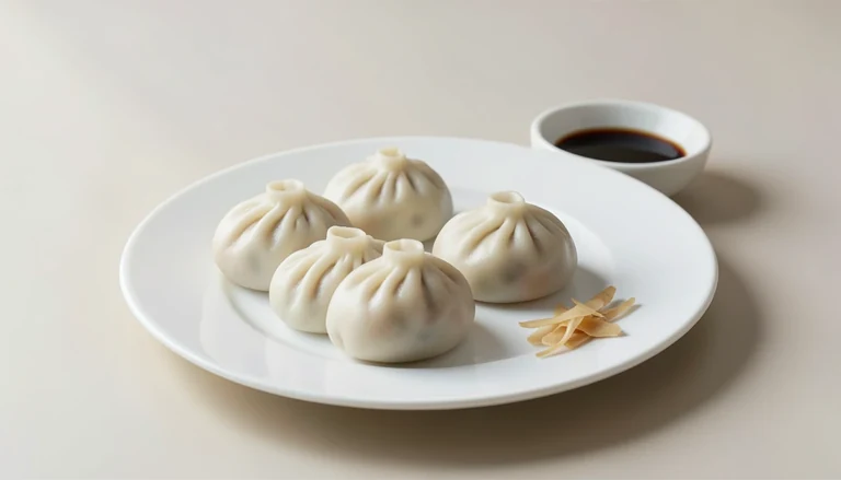 AI illustration of white pleated soup dumplings on a plain plate beside black vinegar and ginger