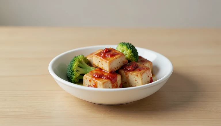 AI illustration of Generic editorial illustration of cooked tofu in red sauce with broccoli.