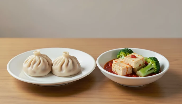AI illustration of Generic editorial illustration of cooked pork dumplings and tofu with broccoli in separate dishes.