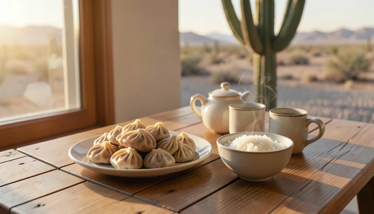 AI illustration of An imagined shared Chinese table: a plate of dumplings, a bowl of rice and a pot of tea in warm evening light, with no restaurant signage.