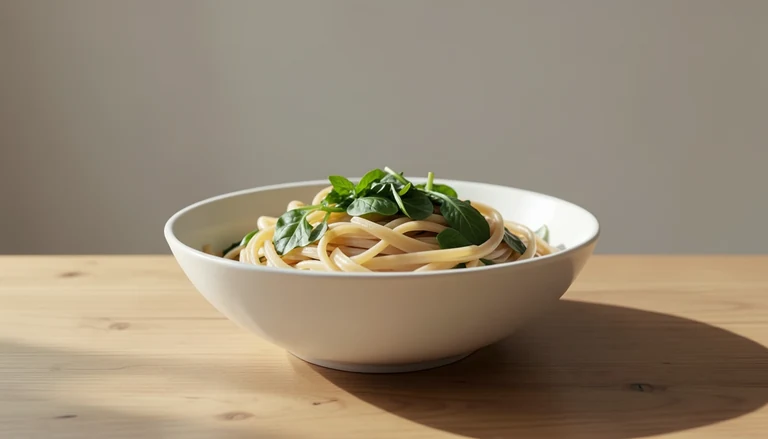 AI illustration of wide flat wheat noodles with leafy greens