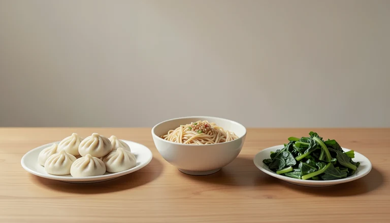 AI illustration of Illustration of a shared table with closed dumplings, noodles and greens.