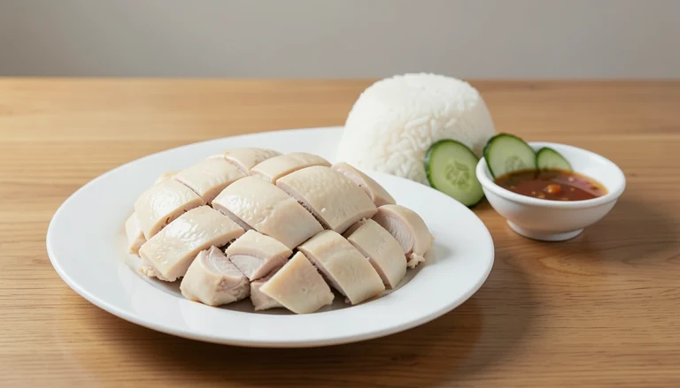 AI illustration of sliced Hainan-style chicken beside rice and cucumber