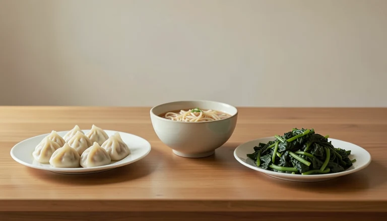 AI illustration of Illustrated shared table with dumplings, noodles and vegetables; no real restaurant depicted.
