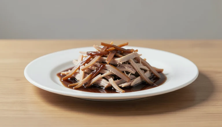 AI illustration of thin opaque cooked meat strips in glossy brown sauce