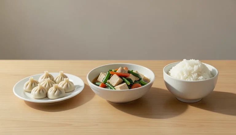 AI illustration of Illustration of pleated dumplings, cooked tofu and vegetables and white rice in three vessels.