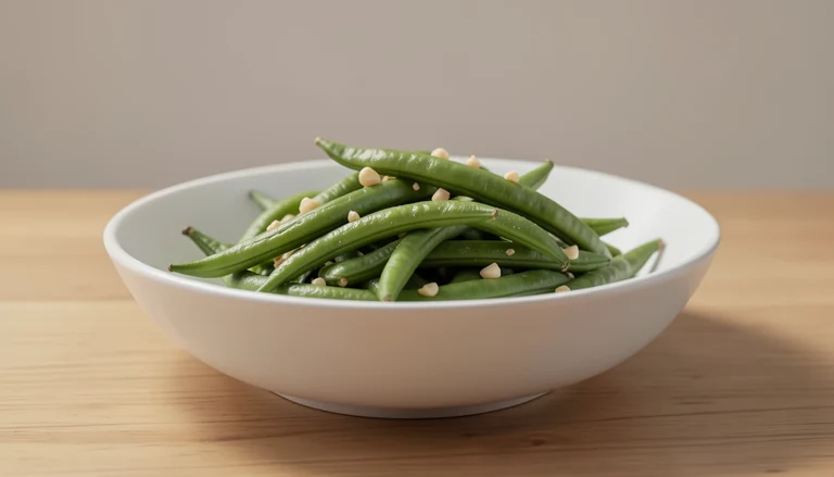 AI illustration of Generic editorial illustration of cooked string beans with garlic.