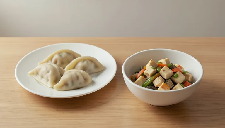 AI illustration of Generic editorial illustration of cooked dumplings and tofu with vegetables in separate dishes.