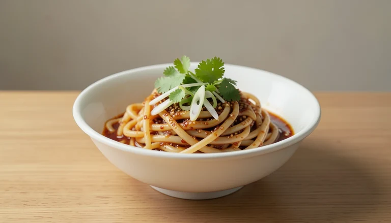 AI illustration of wheat noodles with sesame sauce and sliced peppers