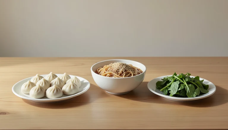 AI illustration of Illustration of a shared table with closed dumplings, noodles and greens.