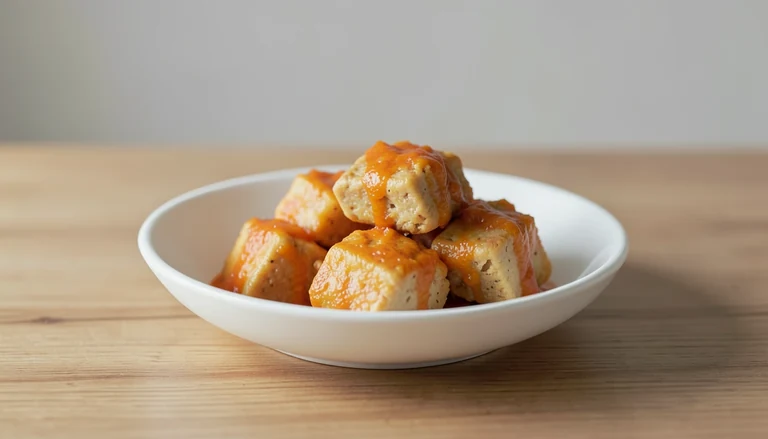 AI illustration of Generic illustration of cooked tofu with orange sauce.