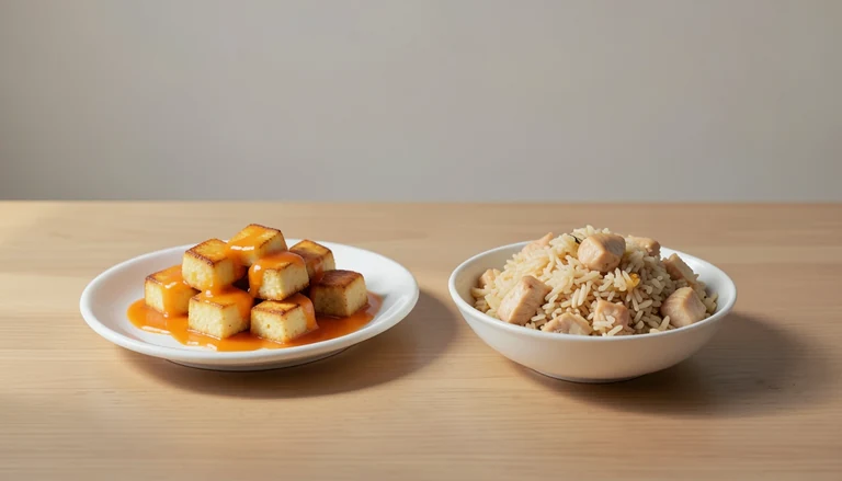 AI illustration of Generic illustration of cooked orange-sauce tofu and chicken fried rice in two dishes.