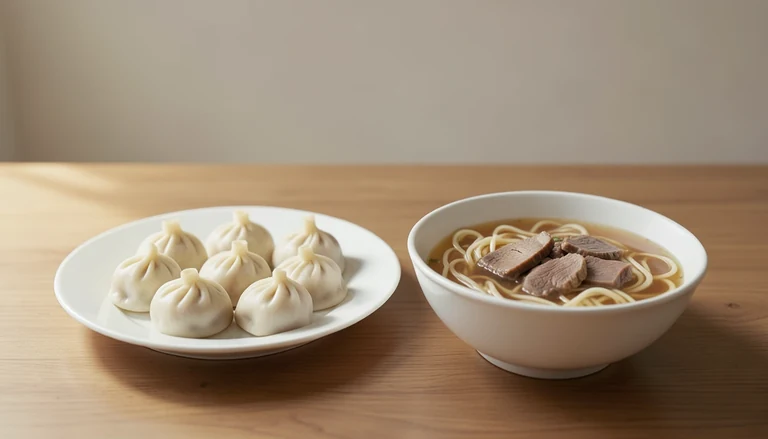 AI illustration of Generic illustration of cooked pork soup dumplings and beef noodle soup in two dishes.