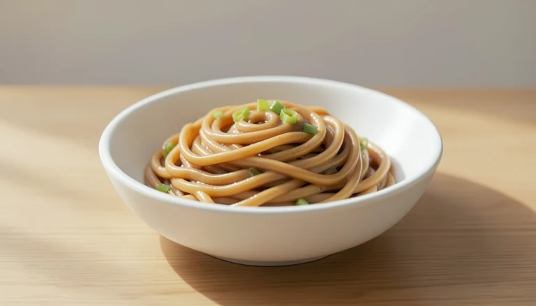 AI illustration of Generic illustration of cooked noodles lightly coated in smooth scallion-peanut-butter sauce.