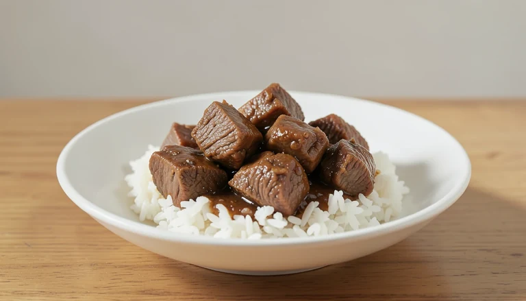 AI illustration of braised meat chunks over white rice