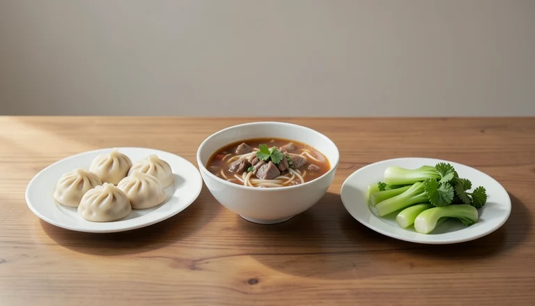 AI illustration of Illustration of a shared table with closed dumplings, noodles and greens.